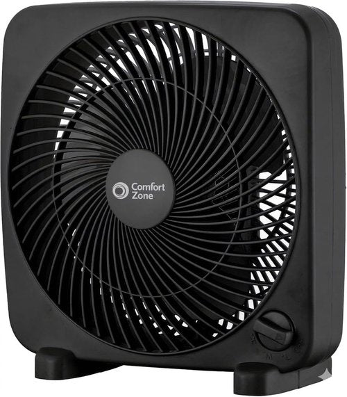 Comfort Zone 9-Inch Portable Box Fan - Quiet 3-Speed Desktop Cooling Fan with Carry Handle - Black
