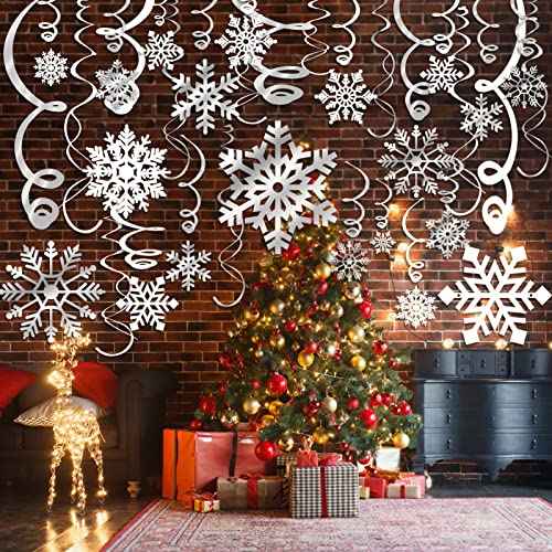 42CT Christmas Snowflake Hanging Swirl Decorations,Christmas Hanging Ceiling Streamers Snowflake Hanging Swirls and Strings Decoration, Winter Party Wonderland Xmas Holiday Decor Supplies