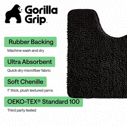 GORILLA GRIP Plush Chenille Bath Rug Mat - Soft, Absorbent, Machine Washable for Oval Toilet Base | Black