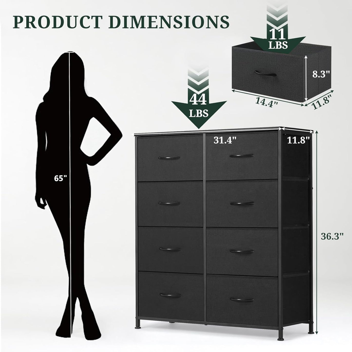 Regine Switzerland 8-Drawer Dresser - Anti-Tip Tall Storage Organizer with Wooden Top & Metal Frame - Black