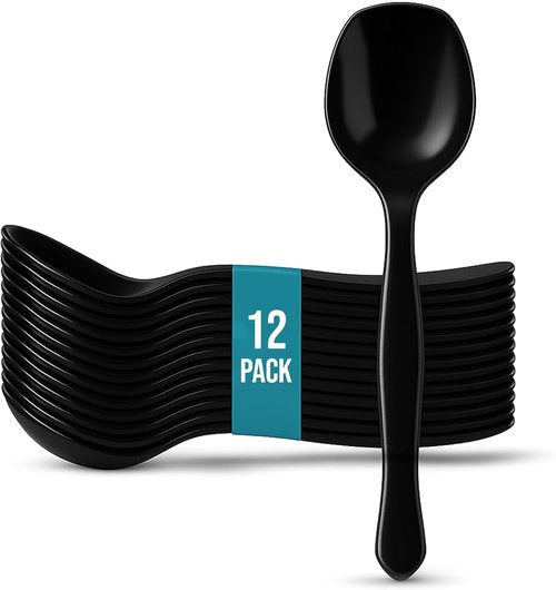 C&S Event Supply Co. Heavy Duty Black Plastic Serving Spoons - 12 Count | Large Disposable Utensils for Catering & Events