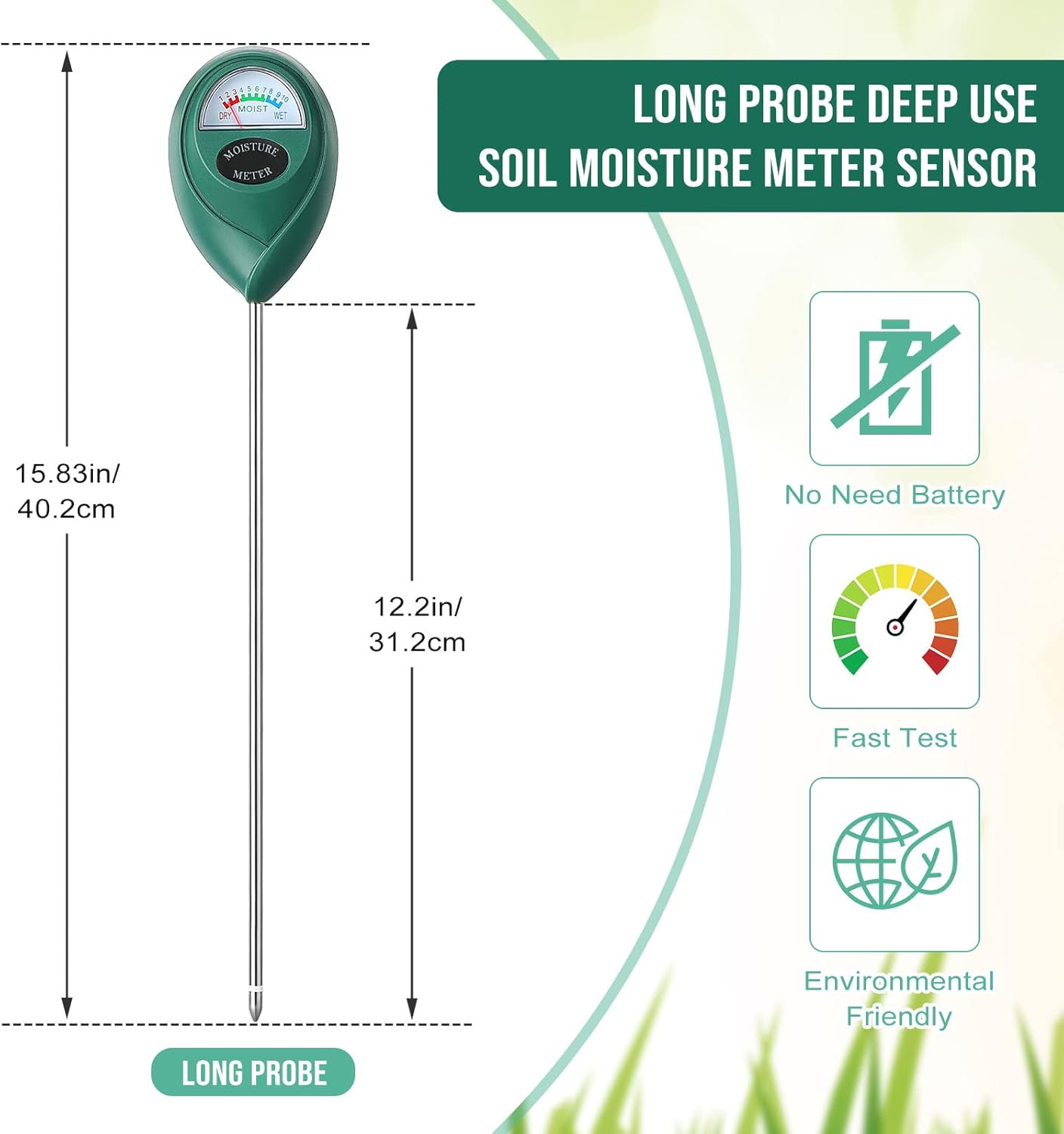 Skiennix Soil Moisture Meter - 15.8 Inch Long Probe for Accurate Plant Watering | Indoor & Outdoor Use