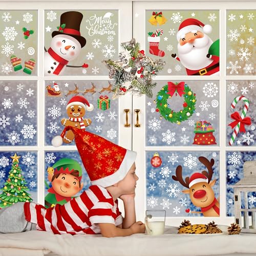 144 PCS Christmas Window Clings, Snowflake Window Clings for Stickers for Glass, Christmas Decorations Decals for Snowman Santa Claus Tree Reindeer Elf Winter Party Accessories Supplies Decor
