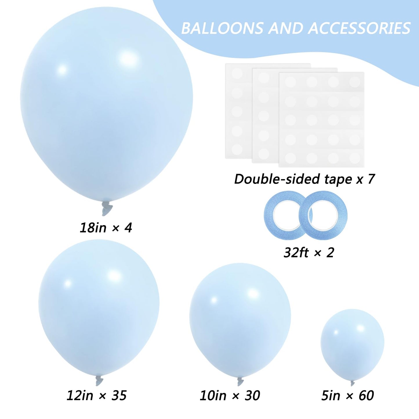 RUBFAC Blue Balloons 129pcs, Pastel Light Blue Balloon Different Sizes 18 12 10 5 Inch for Garland Arch Kit, Gender Reveal Baby Shower Birthday Wedding Easter Party Decoration