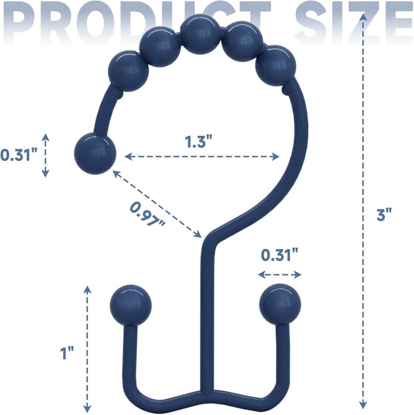 Titanker Shower Curtain Hooks - Rust-Resistant Metal Double Glide Design, Set of 12 - Navy Blue