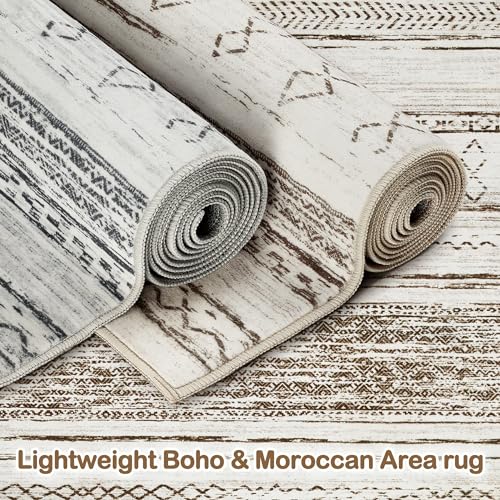 6x9 Washable Area Rug - Soft Neutral Boho Moroccan Floor Carpet for Living Room & Bedroom - Cream & Brown