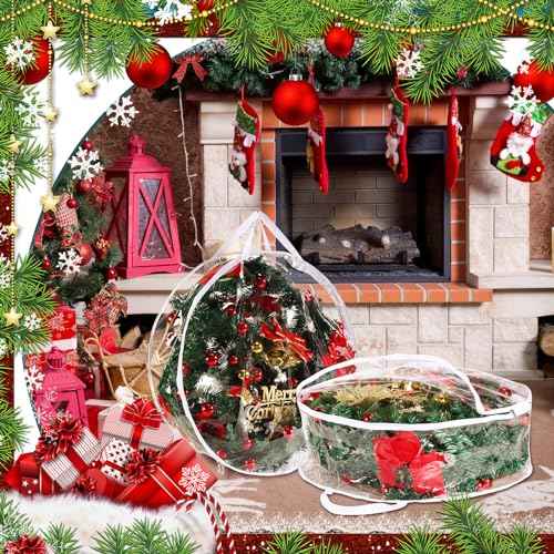 Shappy 1 Piece Clear Christmas Wreath Storage Container 24 Inches Xmas Wreath Storage Bag Plastic Christmas Garland Container with Dual Zippers and Reinforced Handles for Xmas Seasonal (Clear)