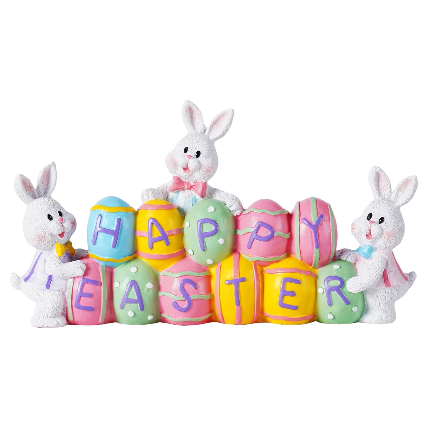 yumhum 3 Bunny Holding Eggs and Happy Easter Decorations, Resin Easter Bunny Rabbits Figurine Tabletop Centerpiece for Spring Decor Easter Home Office Party Decor
