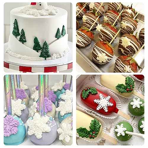 Mini Snowflakes Silicone Molds, 4 Packs Holly Leaf Christmas Trees Fondant Molds for Christmas Cake Decoration Cupcake Topper Soap Candy Chocolate Sugar Clay