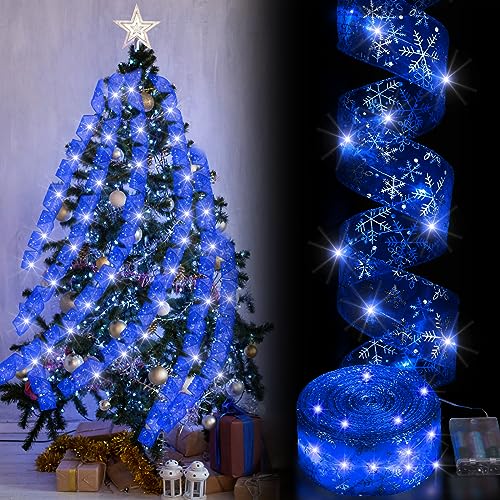 Blue Christmas Ribbon Lights 2in x 66ft 100 LED Battery-Operated Decorative Ribbon