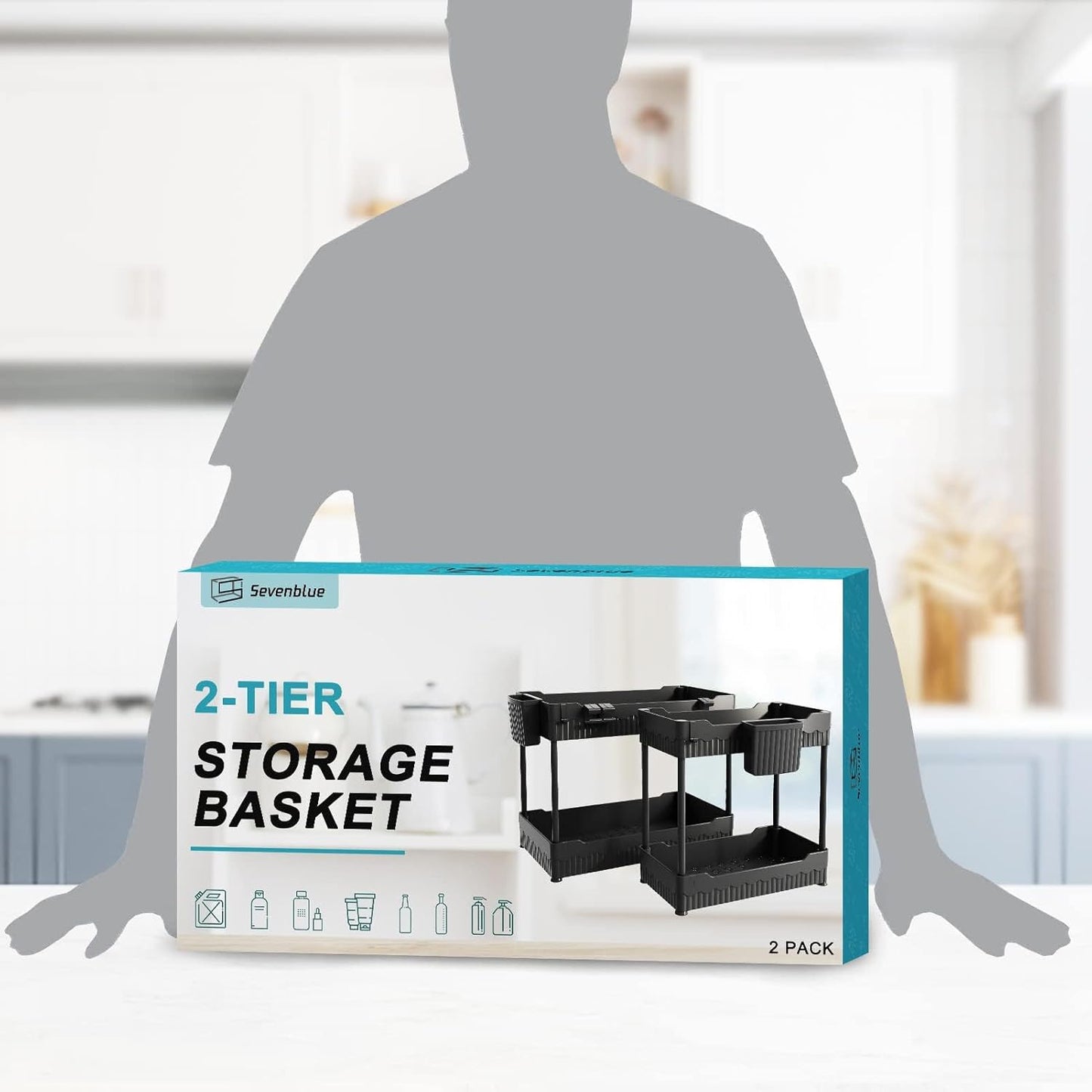 Sevenblue Under Sink Organizer - Multi-Purpose Storage Shelf with Hooks for Kitchen & Bathroom | Black, 2 Pack