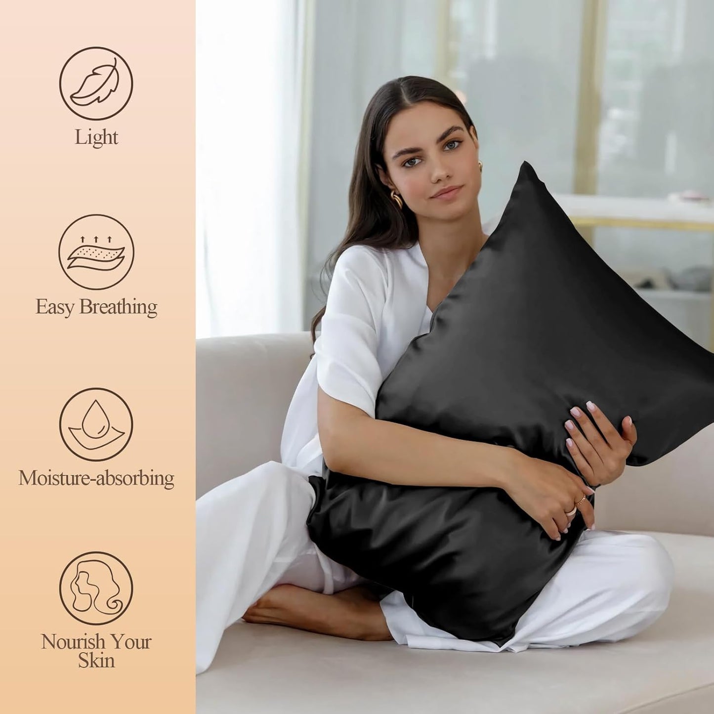 Skiennix Silk-Like Satin Pillowcase - Cooling & Smooth for Hair/Skin | Standard Size, Black, 2 Pack (20x26)