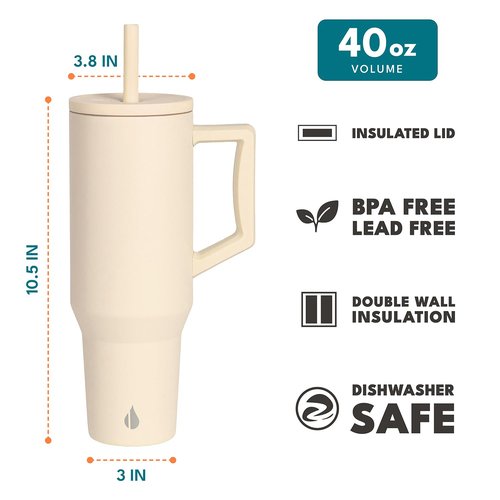 Elemental 40 oz Tumbler with Handle and Straw - Spill Proof Insulated Stainless Steel Commuter for Cold Beverages - Travel Coffee Mug with 2 Straws & Spill Proof Lid - 40oz - Beige