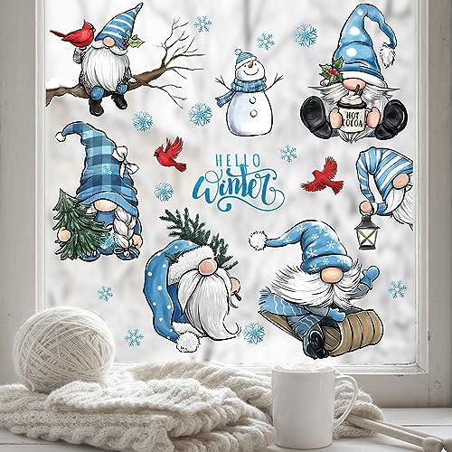 Yovkky Hello Winter Gnome Window Clings 9 Sheets, Snowman Cardinal Red Birds Christmas Tree Stickers Decals Decor, Pine Branch Snowflakes Holiday Home Kitchen Decorations