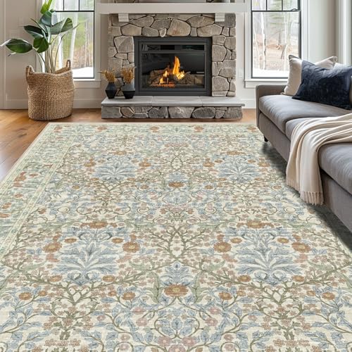 8x10 Beige Blue Washable Area Rug - Soft Botanical Floral Carpet for Living Room