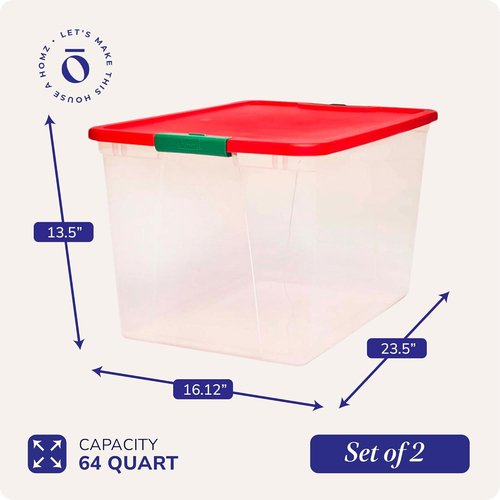 HOMZ 64 Quart Clear Plastic Storage Organizer Bins - Stackable Containers with Red Lids for Home & Office