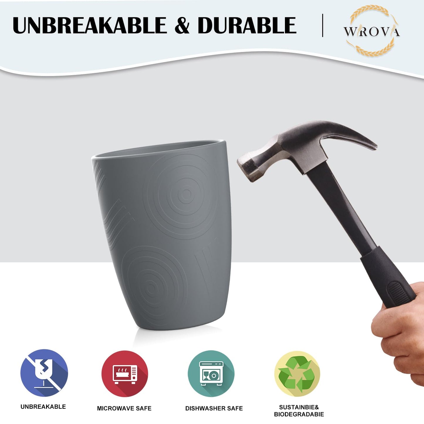 Wrova Wheat Straw Cups 8 PCS Good Alternative to Plastic Reusable Cups 12 oz Unbreakable Drinking Cup Reusable Dishwasher Safe Water Plastic Glasses Grey