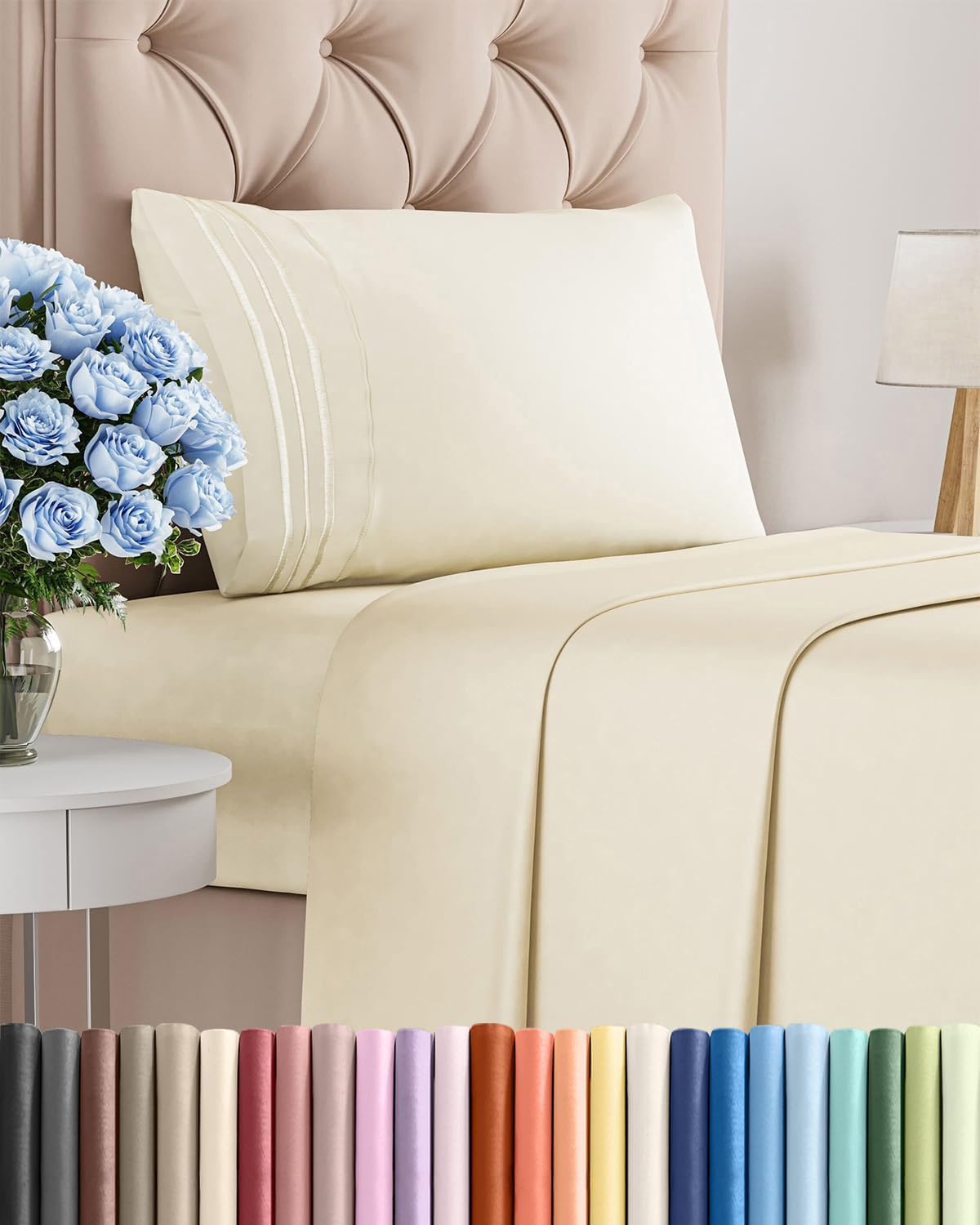 Skiennix Twin Size 3 Piece Sheet Set - Ultra-Soft Cooling Bed Sheets - Deep Pockets, Wrinkle-Free, Off White