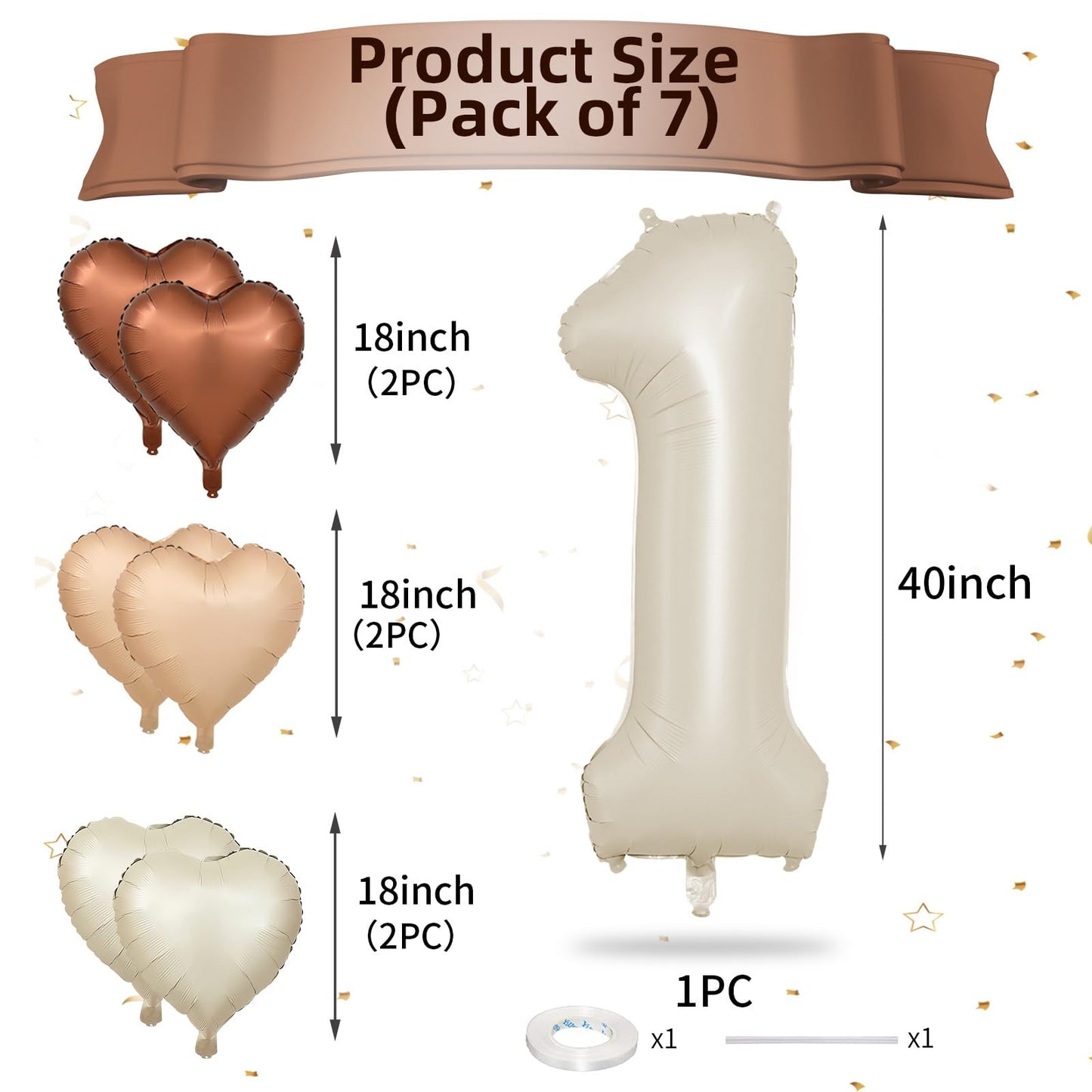 Biapian 40 Inch Cream White Number 1 Balloons, Beige White Large Number One Balloon with Cream Foil Heart Balloons for 1st Birthday Decorations First One Year Boys Girls Baby Shower Party Decor