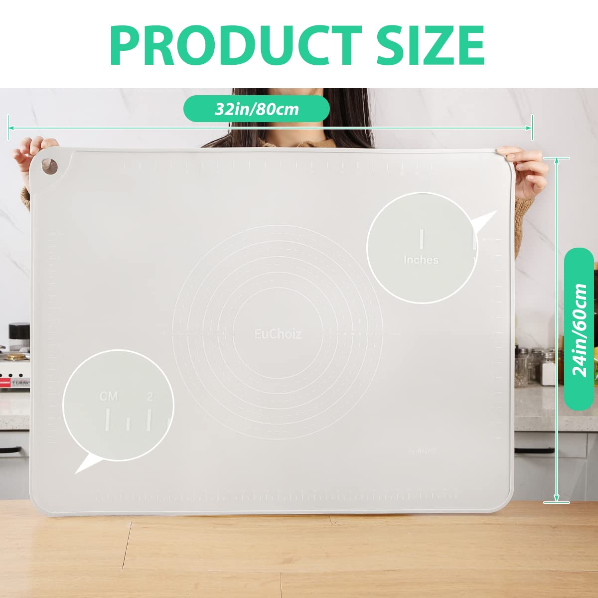 EuChoiz Silicone Pastry Mat 32"*24" Extra Thick Non Stick Baking Mat Food Grade Silicone Dough Rolling Mat with Edge Heightening Large