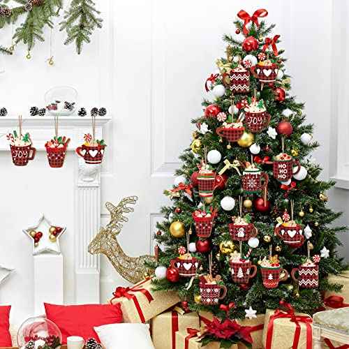BBTO 36 Pieces Christmas Ornaments Hot Cocoa Wood Buffalo Plaid Coffee Mug with Rope Red Black Hanging Decoration Bar Xmas for Tree Home