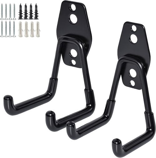 GeeWatom Garage Storage Utility Hooks - Durable Steel Wall Mount Tool Organizer | 2 Pack (Black)