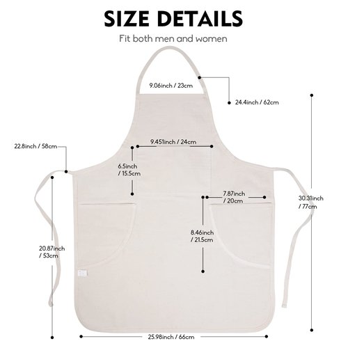 conda 100% Cotton Canvas Professional Bib Apron With 3 Pockets for Women Men Adults,Waterproof,Natural 31inch By 27inch