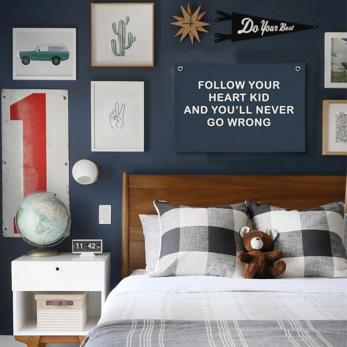 ShowDraven Boy Nursery Decor, Inspirational Wall Decor Hanging Linen Banner, Navy Blue Motivational Wall Flag for Kids Boys Room Playroom Nursery Decor, 20x30 Inch