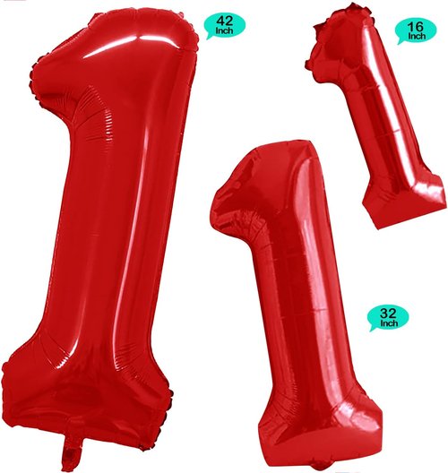 GOER Red Foil Number 1 Balloons - Huge 42" & 32" for 1st Birthday Party & Anniversary Decor (3 Pcs)