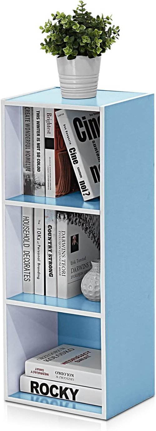 Furinno LUDER 3-Cube Bookshelf - Easy Assembly Bookcase for Living Room & Home Office | White/Light Blue, 9.3 x 12 x 31.5