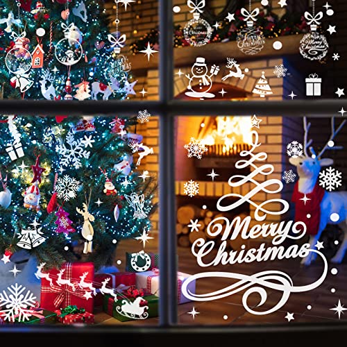 Whaline 9 Sheets Christmas Window Clings Stickers Double-Sided Merry Christmas Tree Snowflake Window Decals White Holiday PVC Stickers for Home Shop Glass Display Decoration, 9 Sheets