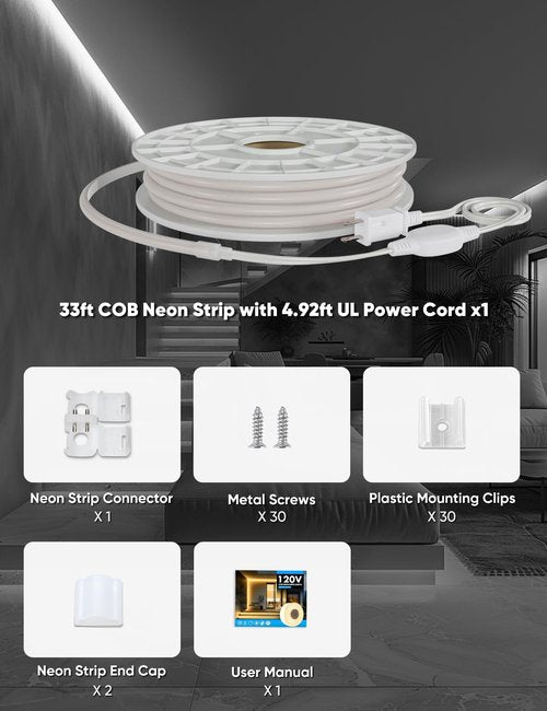 HeliosRibbon COB Led Neon Rope Lights 33ft 6000K Cool White, 110-120V Outdoor Waterproof Lighting Strip 600lm/m Super Bright, Cuttable and Adhesive, for Roof Bedroom Garden Commercial