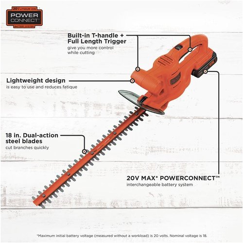 BLACK+DECKER 20V MAX Cordless Hedge Trimmer - 18-Inch Blade, Lightweight, Includes Battery & Charger
