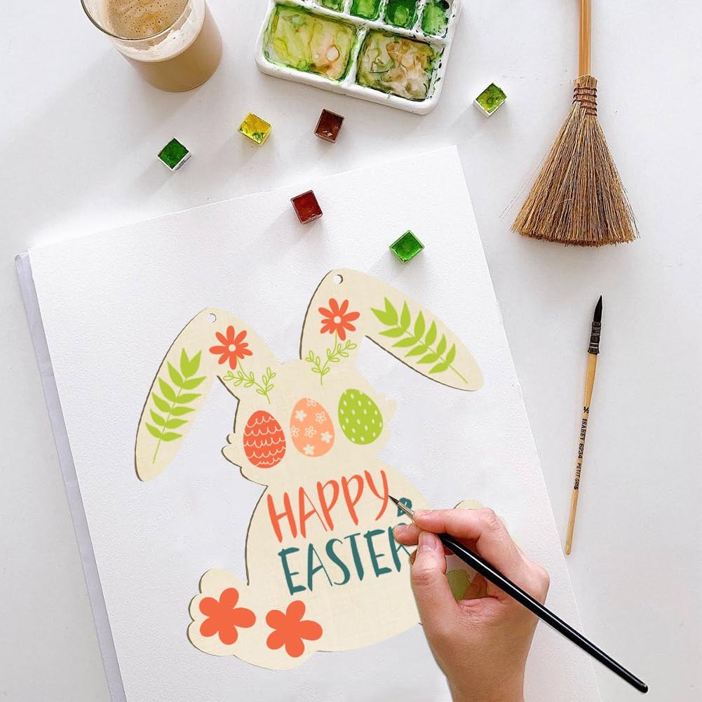 12 Pack Large Size 11" Wooden Easter Ornaments to Paint, Happy Easter Cutouts DIY Blank Bunny Unfinished Wooden Rabbit Discs for Home Crafts Hanging Spring Decoration
