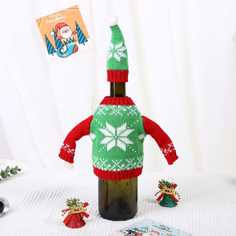 Christmas Sweater Wine Bottle Cover Set (3 Pack) with Hat - Holiday Party Decor