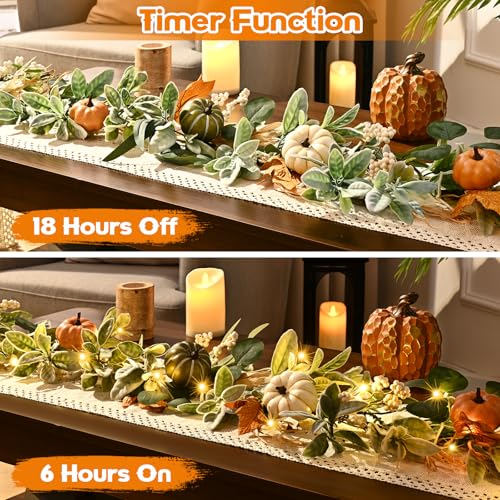 Green Fall Garland with Lights - 6 Ft Eucalyptus & Pumpkin Decor Set - 2 Pcs