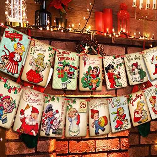 Vintage Christmas Decorations - Retro Xmas Banner with Santa Claus & Candy Cane Garland - Indoor/Outdoor Party Favors & Sign