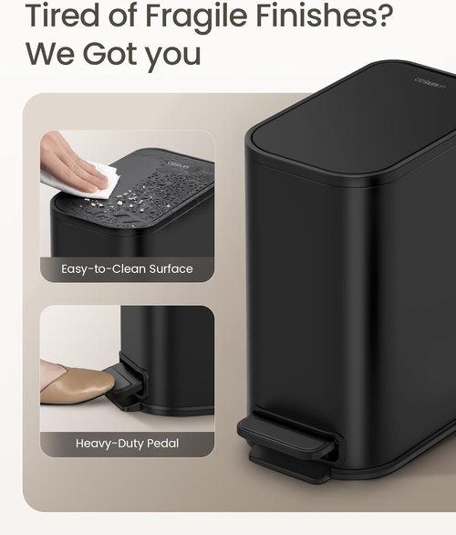 Cesun Stainless Steel Bathroom Trash Can - 5 Liter Soft Close Lid & Step Pedal | Matte Black Waste Basket