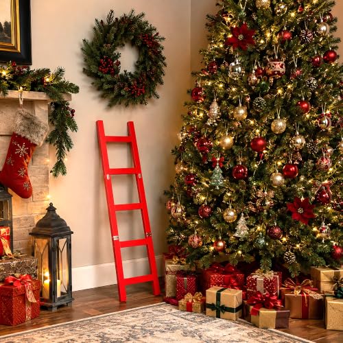 47-Inch Red Wooden Christmas Ladder Decor for Holiday Tree Displays