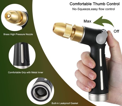 FANHAO Heavy Duty Metal Garden Hose Nozzle - High Pressure Jet with Adjustable Spray Patterns | Thumb Flow Control