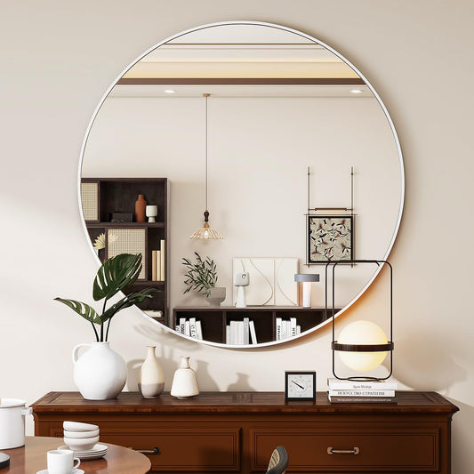 VETROVUE White Round Mirror, 30 Inch Bathroom Mirror with Metal Frame, Wall Wall-Mounted for Entryway, Bathroom, Vanity, Living Room