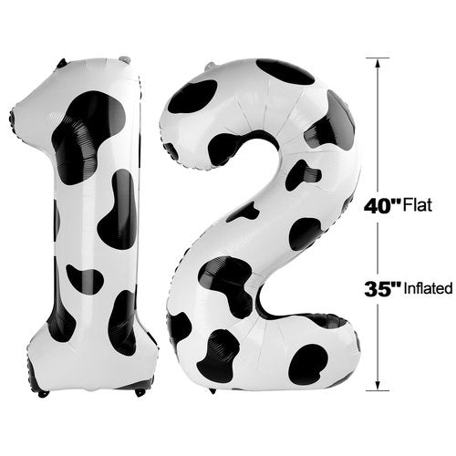 Cow Print Number 12 Balloon 40 inch, 12 Number Balloons, 12th Cow Farm Barnyard theme Birthday Decorations for Girls Boys Kids, 12 Year Old Party Supplies