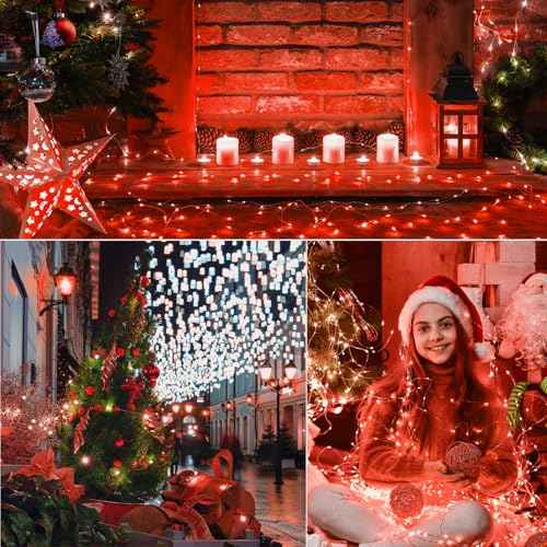 LAMPHOME 100 LED 33FT Red Fairy Lights Battery Operated with Remote, Mini Starry String Lights Multi Functions & Timer,Twinkle for Christmas Home Bedroom Wedding DIY Centerpiece Decor
