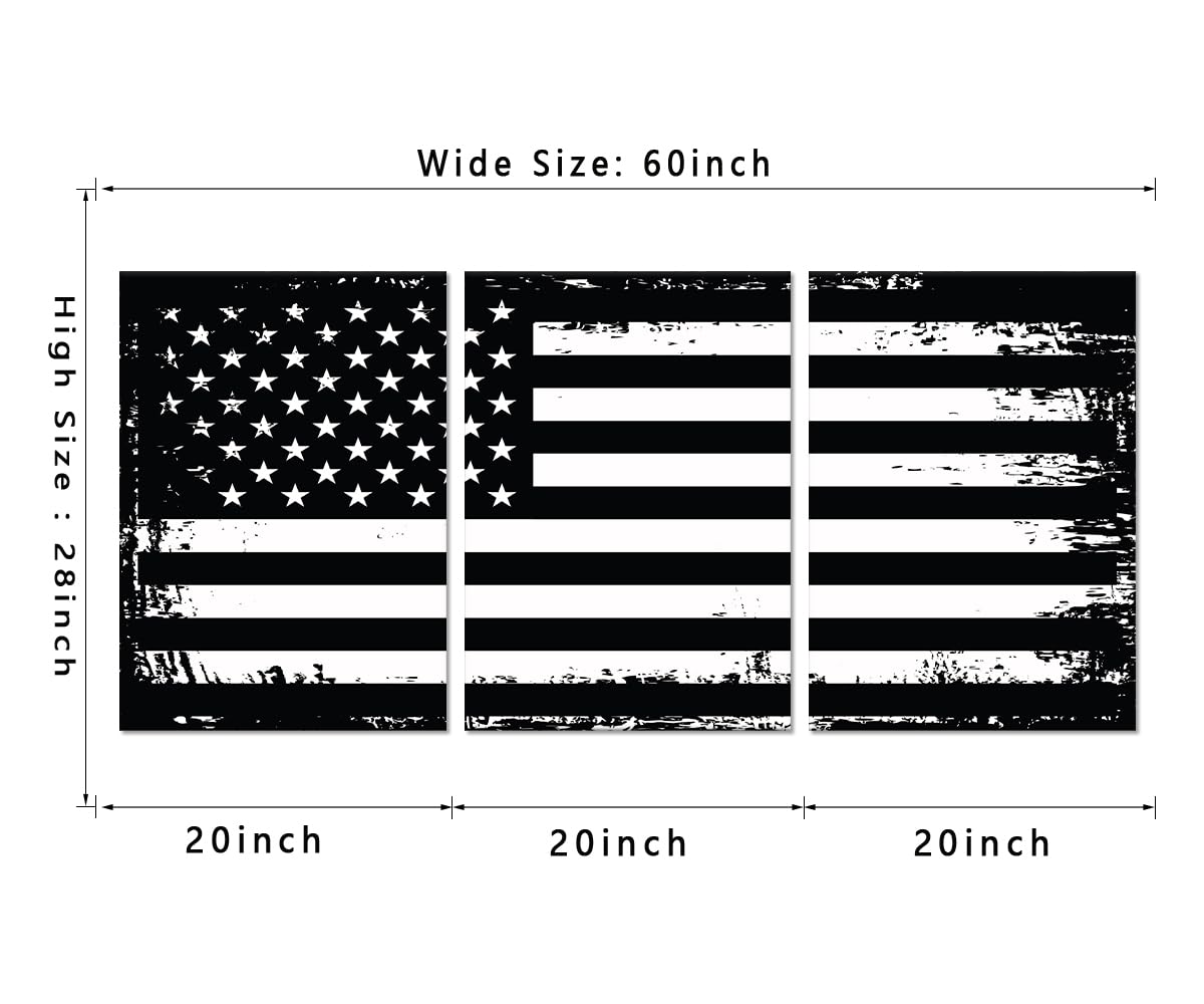 Black and White Wall Art American Flag Artwork 3 Panels Patriotic Retro USA Flag Pictures Canvas Prints Art Living Room Home Office Decor Framed Ready to Hang -20"W x 28"H x 3pcs
