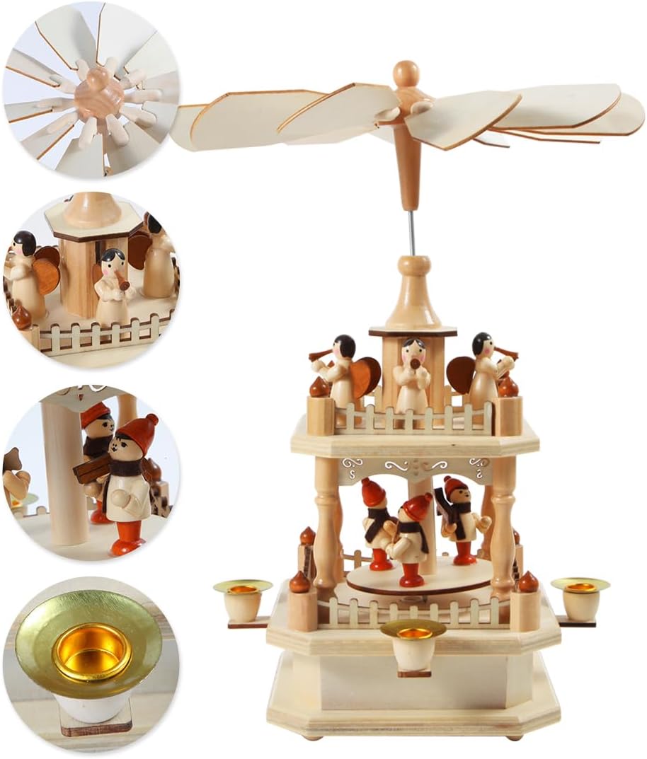 Wooden Christmas Pyramid by [Brand Name] | 14-Inch Nativity Scene with 4 Candle Holders - Festive Tabletop Decor
