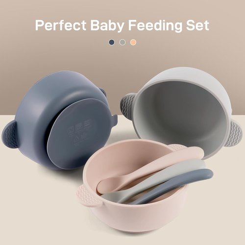 Eascrozn Silicone Baby Feeding Set - 3 Suction Bowls & 3 Spoons | BPA-Free, Microwave & Dishwasher Safe
