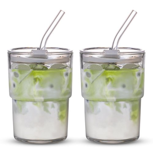 BLUEPOLAR 13oz/400ml Tumbler Water Glass, Cups with Straw and Lid Sealed Carry on for Coffee, Iced Tea, Thick Wall Insulated Glass Cup (white,2pack)