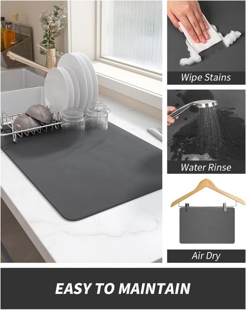 AMOAMI Dish Drying Mat - Absorbent Rubber Backed Kitchen Counter Mat | 12"x19", Dark Grey