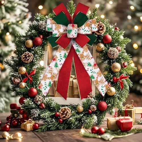 Large Christmas Bow for Wreath, 11.42 in 20.86 in Gingerbread Cookies & Candy Canes Ivory Wired Craft Bow for Christmas Tree, Gift Wrapping, Holiday Home Decor