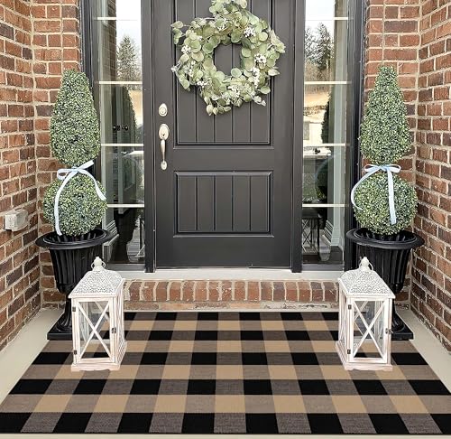 Khaki Black Buffalo Plaid Outdoor Rug 3'x5' Farmhouse Door Mat - Washable, Durable Welcome Mat